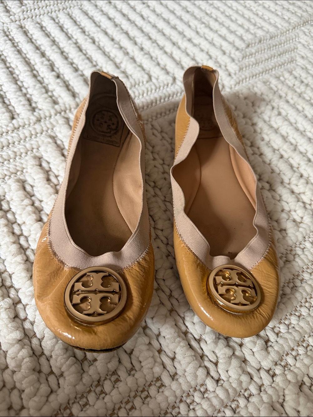 Tory Burch Mustard Tan Patent Leather Logo Ballet Flats